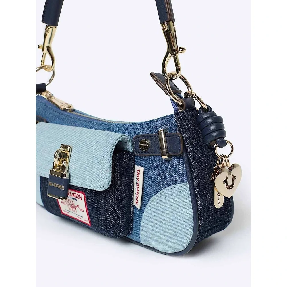 True Religion Patchwork Denim Shoulder Bag Y2K Mini Bag Blue Gold Hardware